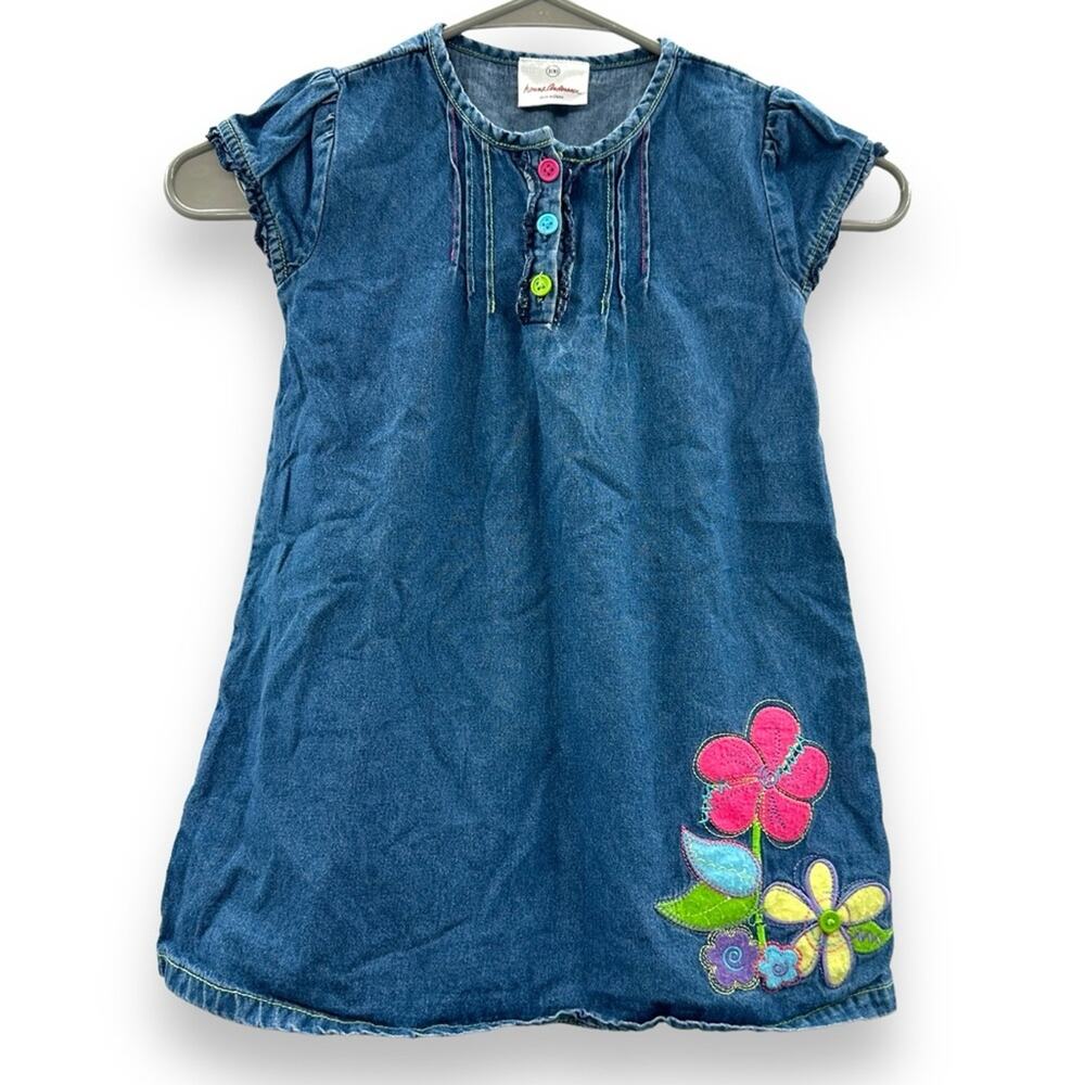 Hanna Andersson Blue Denim Flower Embroidered Short Sleeve Dress Sz 100‎ (US 4)